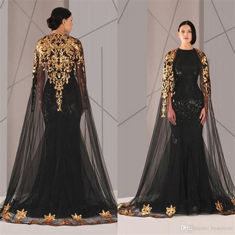 Black Arabic Muslim Evening Dresses Tulle Cloak Gold Black