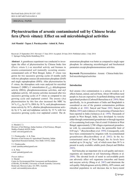 Pdf Phytoextraction Of Arsenic Contaminated Soil By Chinese Brake