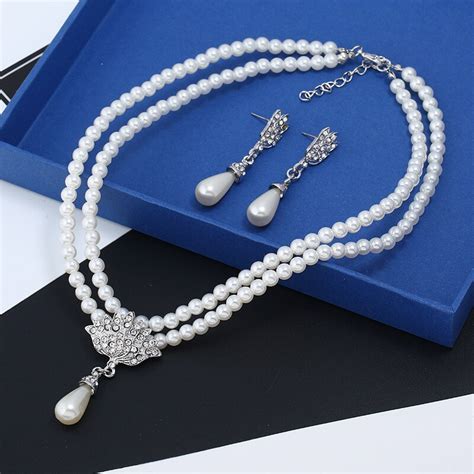 Luxury Bridal White Pearl Jewelry Sets Silver Color Rhinestone Necklace