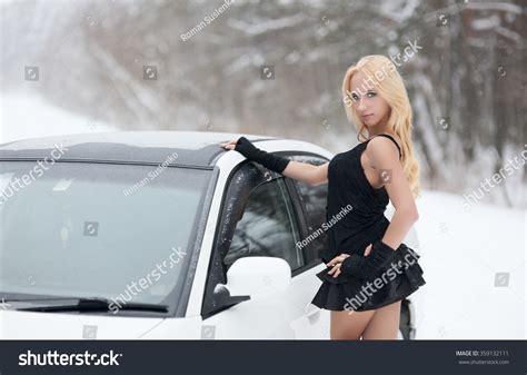 Girl Short Skirt Sits Behind Wheel Stock Photo 359132111