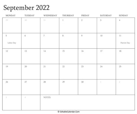September 2022 Editable Calendar
