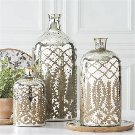 elegant etched mercury glass bottle vase set of 3 antique farmhouse