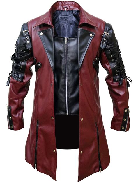 Steampunk Gothic Men Faux Leather Maroon And Black Coat Jacket