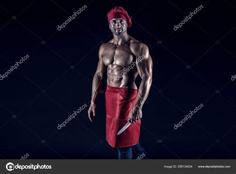 Brutal Butcher Food Additives Sexy Man Cook Isolated On Black Butcher With Knife Man With