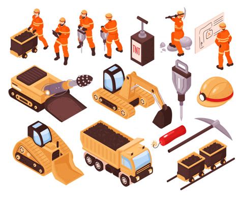 Free Isometric Set Of Icons With Mining Machinery And Miners Isolated