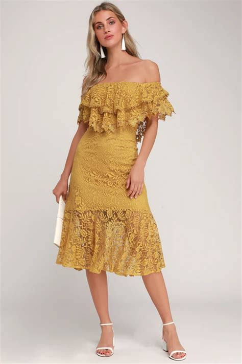 Jaclyn Golden Yellow Lace Off The Shoulder Midi Dress Lace Bodycon