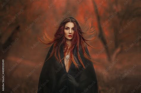 Fantasy Gothic Woman Dark Witch Red Haired Evil Girl Demon In Black