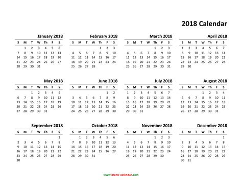 2018 Yearly Calendar Printable