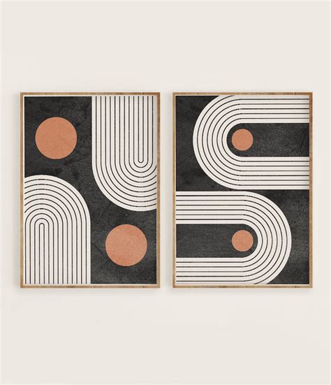 Mid Century Modern Geometric Art Print Set Of 2 Neutral Etsy