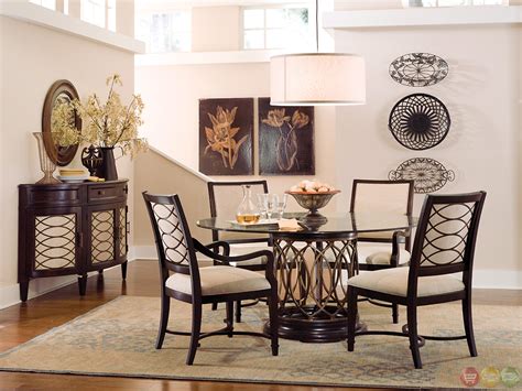 Dining table sets are a fast way to make a dining room look perfectly pulled together. Intrigue Transitional Round Glass Top Table & Chairs ...