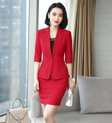 New Style 2018 Two Piece Formal Women Business Suits With Skirt And Jacket Sets Red Blazer