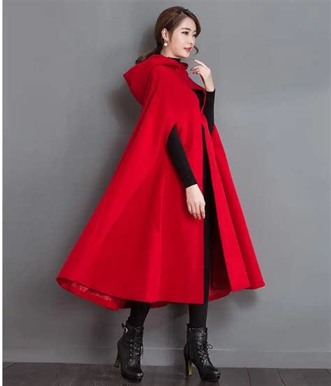 Women Red Cape Hooded Vintage Style Woolen Winter Poncho Coat Full