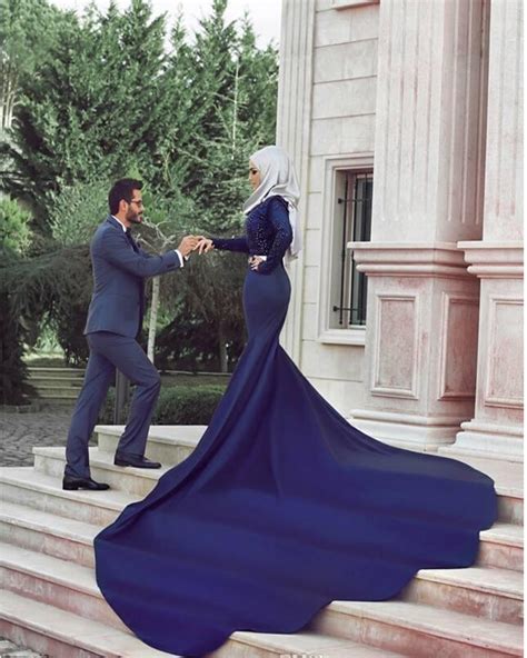2016 Royal Blue Muslim Wedding Dresses High Neck Long Sleeve Vestido De Noiva 2017 Lace Crystal