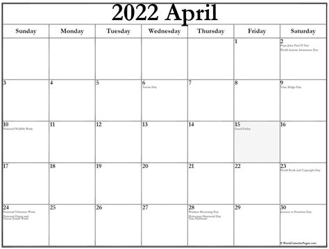 April 2022 With Holidays Calendar