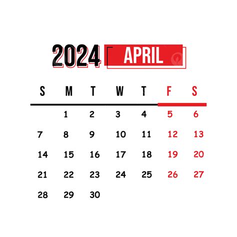 Calendar April 2024 Transparent Background Vector 2024 Calendar April