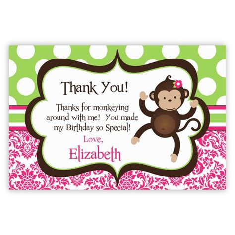 Mod Monkey Thank You Card Pink Damask And Green Polka Dot Etsy