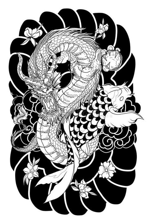A Black And White Drawing Of A Koi Fish With Flowers On Its Back