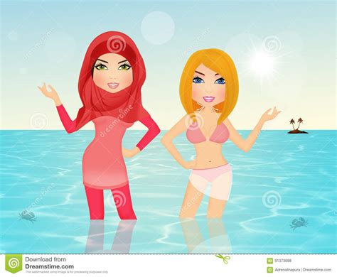 Girls With Burkini And Bikini Stock Illustration Illustration Of My Xxx Hot Girl