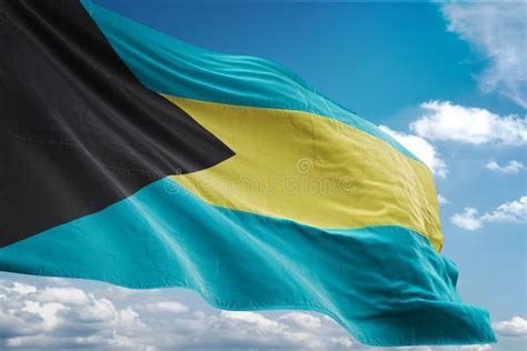 Bahamas National Flag Waving Blue Sky Background Realistic 3d