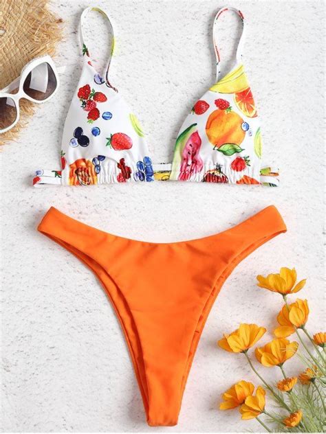 High Leg Fruit Print Bikini Dark Orange L Swimwear Model Swimwear