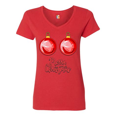 Merry Christmas Boobs Womens V Neck T Shirt Naughty Or Nice Funny Tits