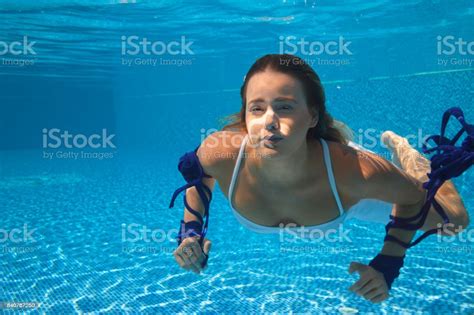 Underwater Fashion Pool Party Young Woman Diving At Swimming Pool Stock