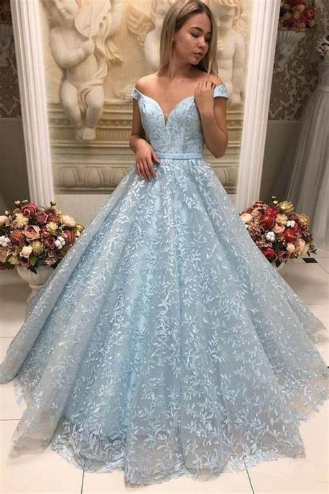 New Arrival Light Blue Lace Ball Gown Off Shoulder Prom Dresses Formal Evening Fancy Dress In