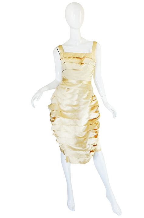 1950s Demi Couture Pale Yellow Silk Satin Pleat Dress Shrimpton Couture
