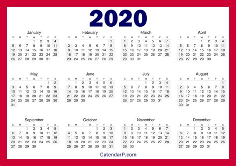 Printable Free 2020 Calendar Horizontal Red Calendarp Printable