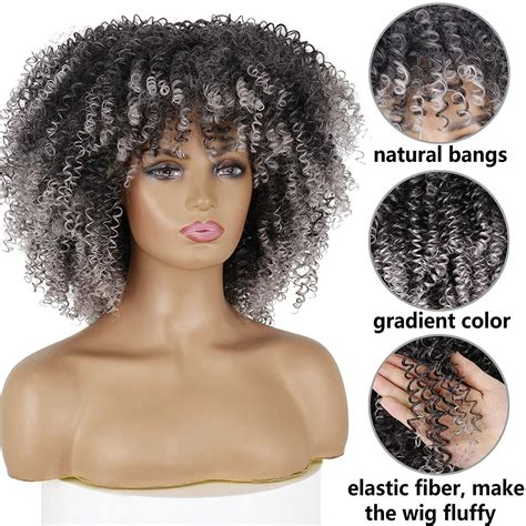 Grey Afro Kinky Curly Wig With Bangs For Black Women Ombre Gray Full Wig Fluffy Ebay