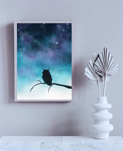 Magical Owl Print Digital Fantasy Painting Of An Owl Silhouette With