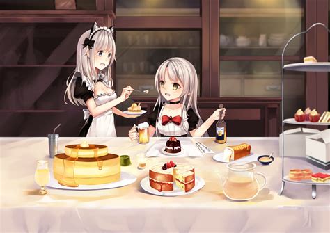 2girls Animal Ears Apron Bow Breasts Cake Candy Chocolate Cleavage