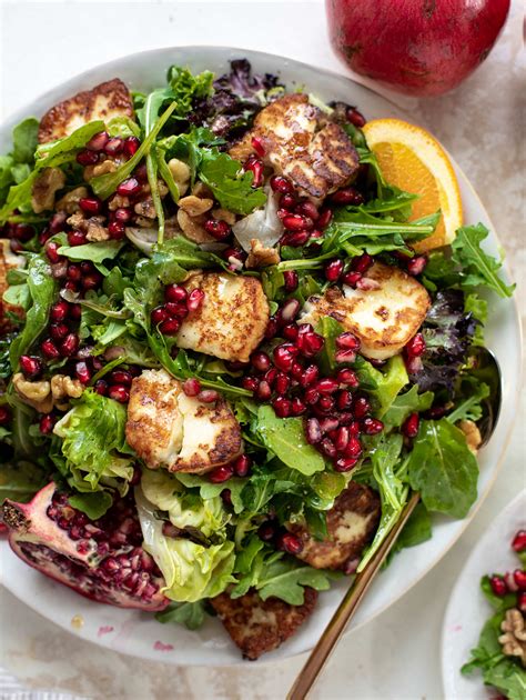 Pomegranate Greens Salad With Halloumi Croutons And Spiced Orange