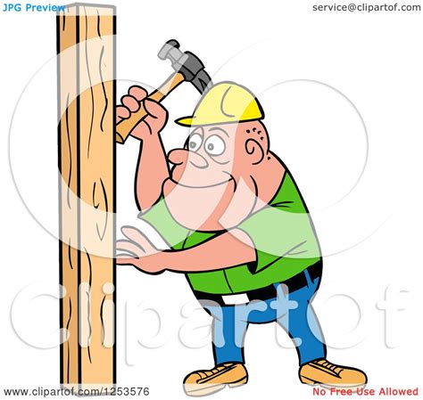 Clipart Of A White Male Carpenter Hammering A Wood Stud Royalty Free