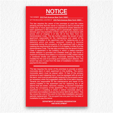 On or after january 1, 2021, smoke alarms and smoke detectors installed or replaced in group r occupancies shall be installed in accordance with section 907.2.11.5 of the new york city building code. Smoke Detectors & Carbon Monoxide Notice - HPD Signs NYC
