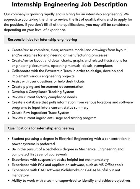 Internship Engineering Job Description Velvet Jobs