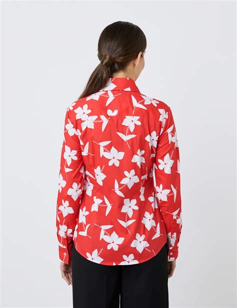 Women S Semi Fitted Shirt With Floral Print And Vintage Collar In Red And White Hawes And Curtis Uk