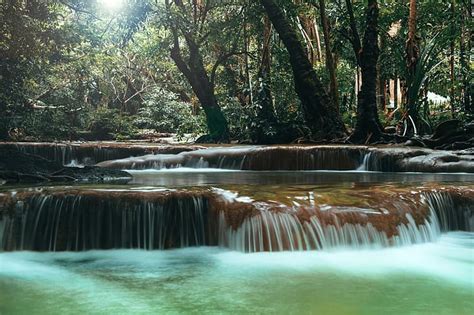 Forest Landscape River Rocks Waterfall Summer Tropical Beautiful