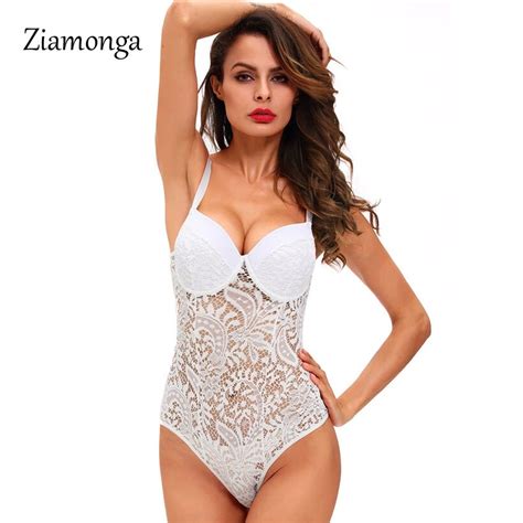 Ziamonga Sexy Women Bodycon Jumpsuit Semi Sheer Lace Bodysuit Short Overalls Hollow Out Night