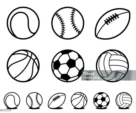 Set Of Black And White Cartoon Sports Ball Icons Stock Illustration