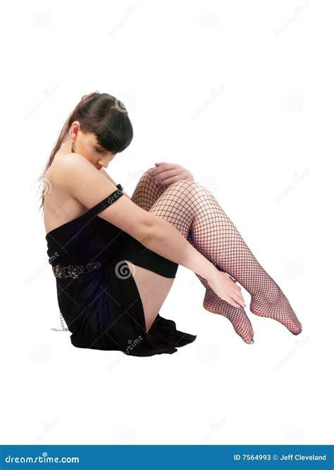 Woman Sitting In Black Dress And Fishnet Stockings Stock Image Image Of Stockings Sitting