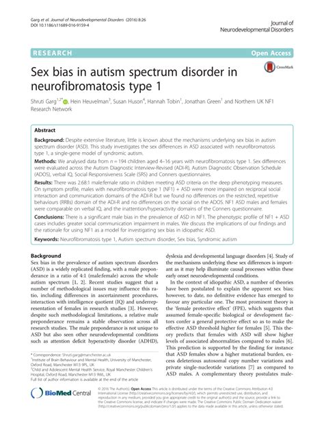 Pdf Sex Bias In Autism Spectrum Disorder In Neurofibromatosis Type 1