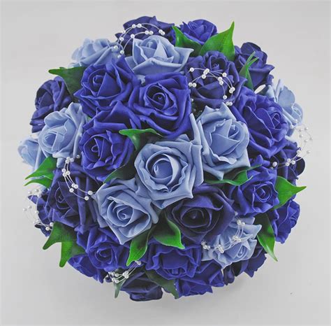 Brides Navy Royal And Light Blue Foam Rose Pearl Wedding Bouquet