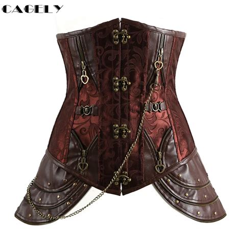 Steel Boned Steampunk Corset Gothic Brocade Faux Leather Waist Trainer Cincher Lace Up Underbust