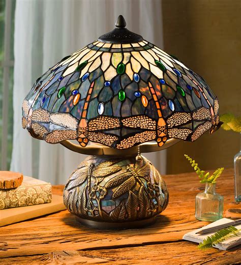tiffany style stained glass table lamp with dragonfly motif and metal base lamps and lighting
