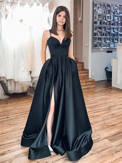 Simple A Line Satin Black Long Prom Dresses With High Slit