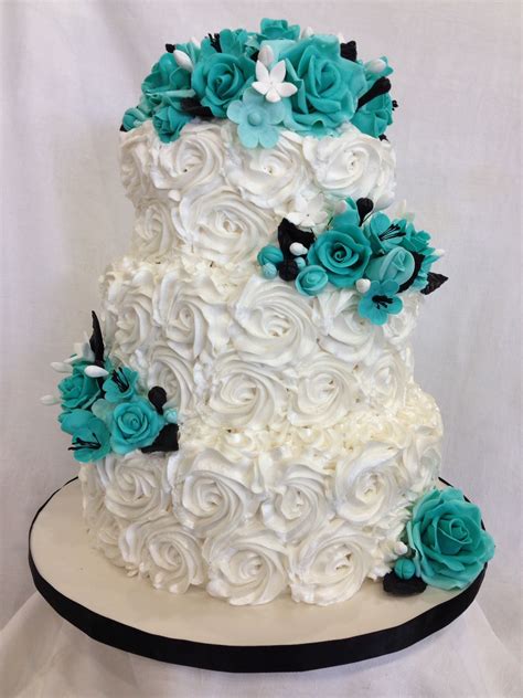 Rosette Cake With Turquoise Roses — Round Wedding Cakes Rosette Cake