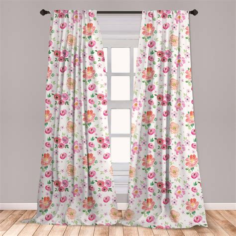 Pale Pink Curtains 2 Panels Set Watercolor Style Rural Meadow Floral Pattern Inspired By Fresh
