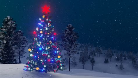 Digital Animation Of Christmas Tree And Presents In Snowy Landscape