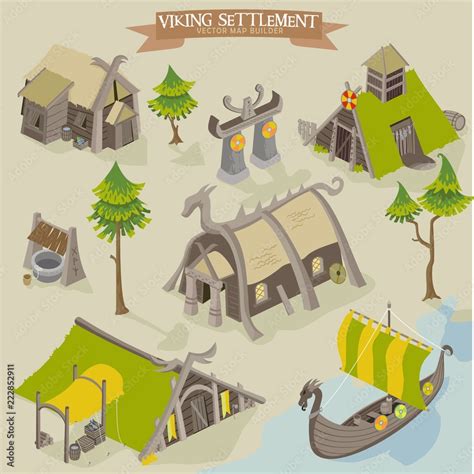 Viking Settlement Vector Map Buider Isometric Illustration Of